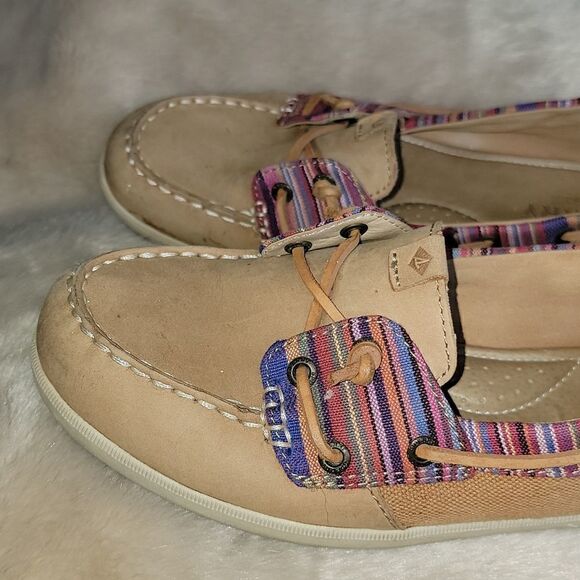 SPERRY TOP-SIDER TAN WITH PINK STRIPES LEATHER BOAT SHOES, SIZE 7.5 - Picture 7 of 10